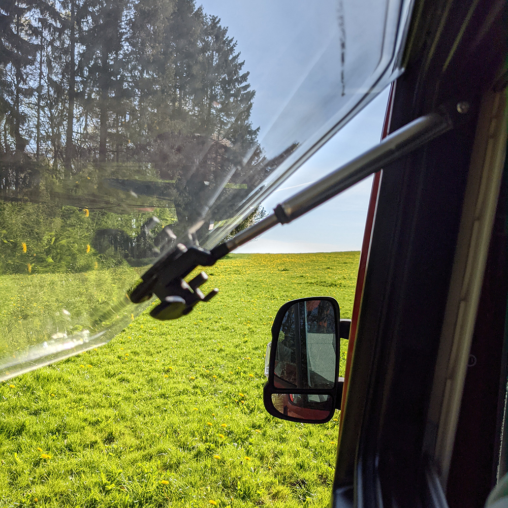 Ausblick aus dem Seitenfenster ins Grüne